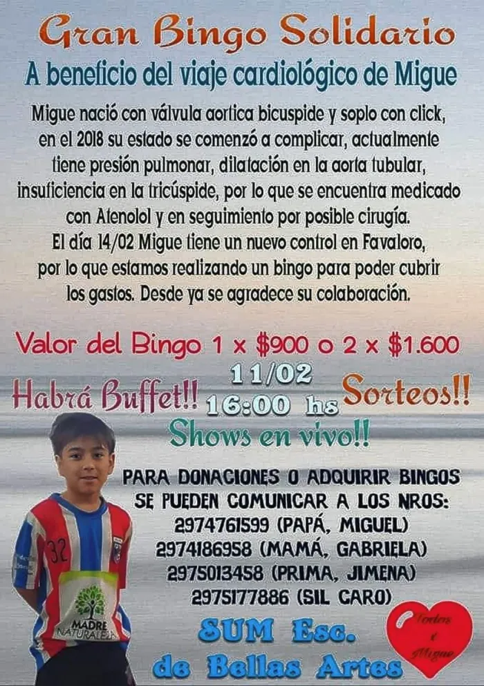 Realizan un Bingo Solidario a beneficio de un niño de 12 años para viajar a un control cardiológico